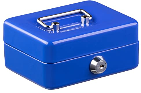 Jazooli Heavy Duty Metal Cash Money Coin Box Bank Deposit Steel Tin Security Safe Petty 2 Keys Lock Lockable Jewellery Passports Documents Security Case, Blue, 4