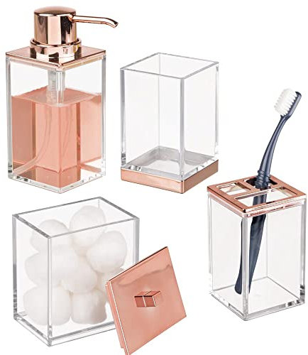 mDesign Plastic Bathroom Vanity Countertop Accessory Set - Includes,Soap Dispenser, Toothbrush Holder, Lidded Canister, and Tumbler Rinsing Cup; Lumiere Collection - Set of 4 - Clear/Rose Gold