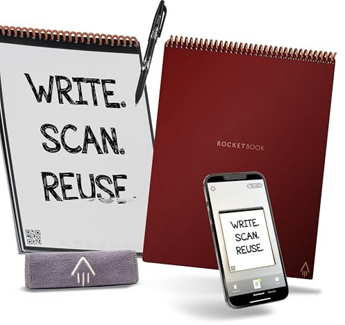 Rocketbook Flip Wiedervervendbares Digitales Notizbuch - Letter A4 Scarlet Rot - Elektronischer Notizblock Ringbuch mit Linien und Punktraster - inkl. Pilot FriXion Stift und Mikrofasertuch