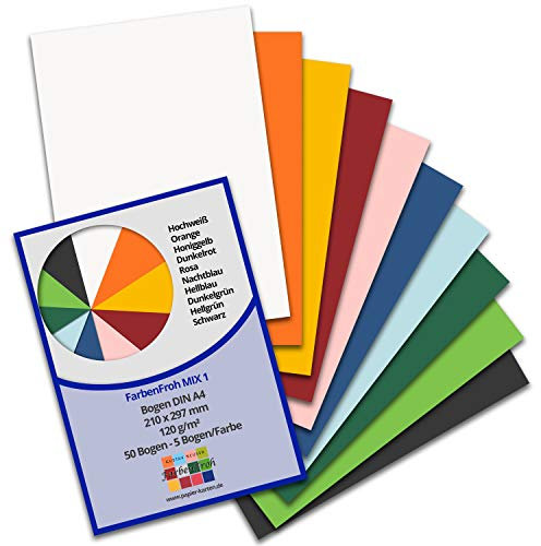 FarbenFroh by GUSTAV NEUSER 50x DIN A4 Papier Farbenmix-Paket 1 - Bastelbogen - 10 Farben - 110 g/m² - 21 x 29,7 cm - Briefpapier Bastelpapier Tonpapier Briefbogen
