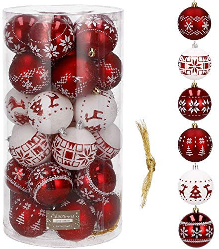 SPRINGOS Christbaumkugel Kunstkugel 30 Stück Ø 7 cm Ornamente bruchsicher Traditionelles Thema Weihnachtsdeko Weihnachten (Rot, Weiß)