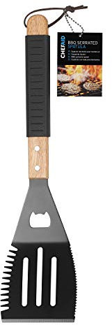 Chef Aid Spatola per barbecue, bordo seghettato per affettare carne, manico gommato per lanciare hamburger e bistecche con facilità, facile da pulire, resistente al calore e durevole, per fiamme