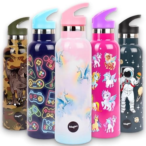 Fringoo - Einhorn-Himmel-Wasserflasche mit Strohhalm - große BPA-freie Trinkflaschen - isolierte Trinkflasche - Edelstahl-Wasserflasche - Kinder-Wasserflaschen -wiederverwendbare Trinkflasche - 600 ml