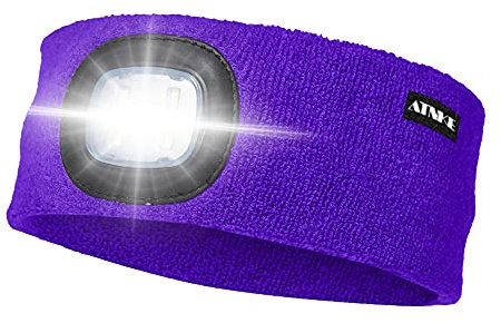 ATNKE LED Lighted Headband, USB Rechargeable Running Hat Ultra Bright 4 LED Waterproof Light Lamp Headlamp High Stretch Moisture Wicking Multi-Color/Purple