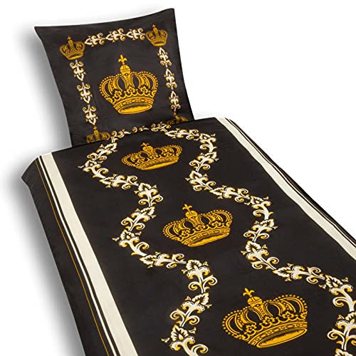 Julido Bettwäsche-Set, Bettdeckenbezug 135x200cm und Kopfkissenbezug 80x80cm, Deckenbezug und Kissenbezug aus Polyester, in Schwarz und Gold, mit Krone, Oeko-Tex