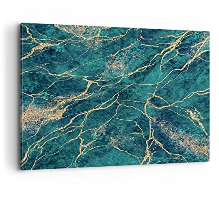 Wandbilder Dekoration Wohnzimmer Abstraktion Gold Türkis Bilder auf Leinwand 120x80cm Leinwandbild Schlafzimmer Küche Deko Wand Kunstdruck Art Groß XXL Wanddeko Bild Wall Decor Canvas AA120x80-4564