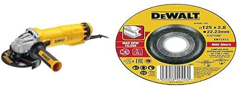 DEWALT - Meuleuse d'Angle - DWE4237-QS - Meuleuse avec Protection Anti-Redémarrage - Lame Ø125mm - Régime à Vide 11500 tr/min - 1400W & Disque à tronçonner le métal 125x22.3mm, épaisseur 3.0mm