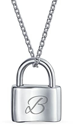 Personalized Script Initial Alphabet Letter B Plain Simple Couples Sentimental Functional Lock Pendant Charm Lovers Padlock Necklace For Women Teens .925 Sterling Silver Chain 16 Inch Custom Engraved