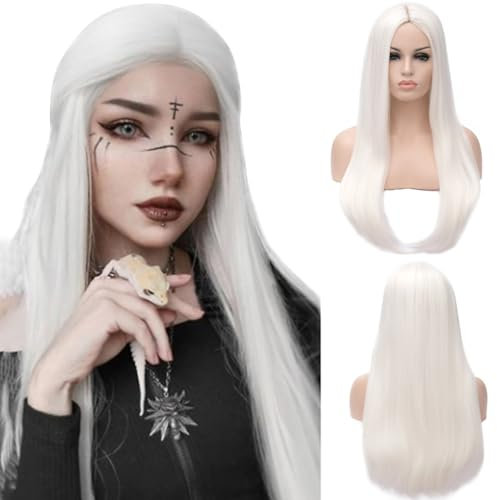 YEESHEDO Damen Perücke Weiß Lang Glatt Perücken für Frauen Natürlich Gerade Synthetische Haar Party Kostüm Cosplay Wig 24 Zoll (weiß)