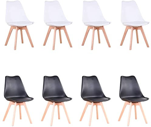 HJhomeheart Lot de 8 Chaises de Salle à Manger, Pieds en Bois Massif, Coussin de Chaise Amovible, Chaise de Cuisine, Chaise Moderne (Blanc+Noir-8)