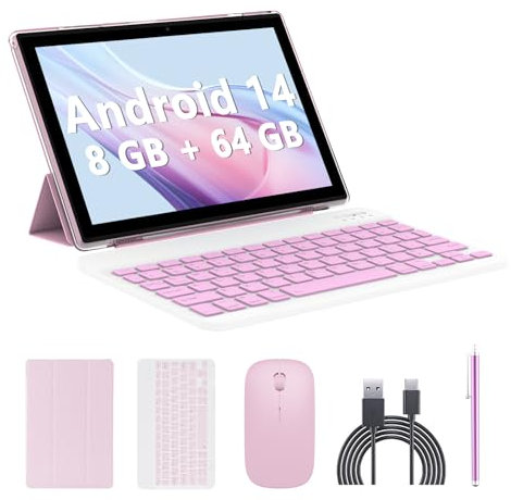 Tablette 2 en 1 10 Pouces Android 11 Clavier Extensible 4Go+64Go + 512Go Double Caméra, IPS, Écran Tactile, WiFi, Bluetooth, Batterie Puissante, Google Certifié, Tablette PC, Rose
