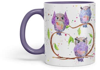 Owl Owls See Hear Speak no Evil Bird Animals Watercolour Art Coloured Mug Cup Gift Birthday Work Office Tea Coffee (Purple)