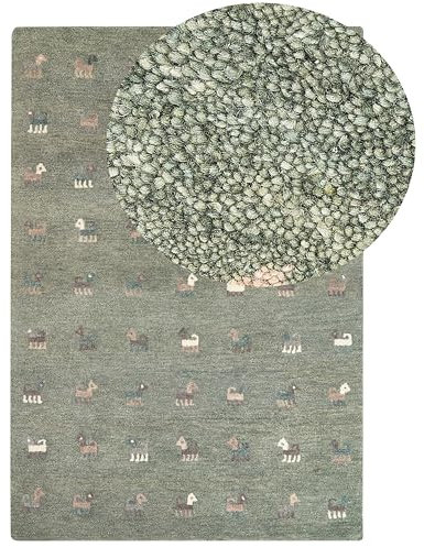 Beliani Gabbeh Teppich grün aus Wolle 140 x 200 cm Hochflor Tier Muster handgetuftet Kizarli