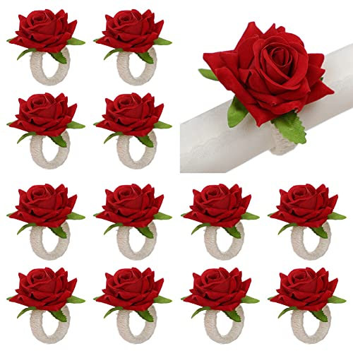 12 Stück künstliche Rosen Serviettenringe elegante Blumen Tischdekoration handgefertigte Serviettenschlaufe Serviettenhalter Ringe für Hochzeit Abendessen Party Dekoration