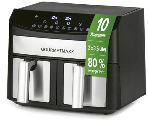 GOURMETmaxx friggitrice a doppia camera 2 x 3,5 L | Friggitrice in acciaio inox con zone di cottura sincronizzate, funzione timer e display touch | Friggitrice a risparmio energetico | 10 Programmi