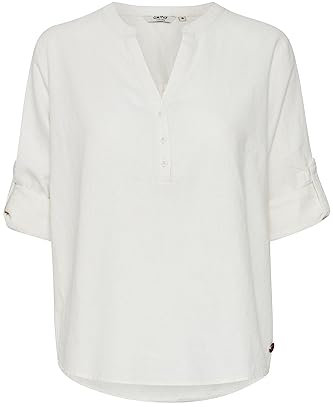 OXMO OXANJA Damen Tunika Bluse Langarm Klassische Leinenbluse mit V-Ausschnitt und Knöpfen Regular Fit und Knöpfbare Ärmel, Größe:36, Farbe:Off White (114800)