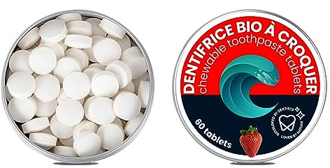 Oceansrespect 60 pastilles de dentifrice - Boîte alu - Fraise - Sans fluor, 1 Unité (Lot de 1)