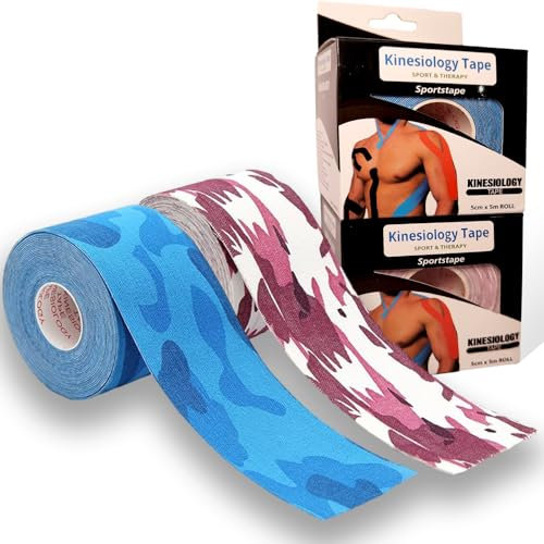 EUDUQ Kinesiologie Tape,2 Rollen Kinesiotapes,5m*5cm Physio Tape,Wasserfest Elastisch Sport Tape,Hautfreundliche Kinesio Tape für Knie Ellbogengelenke und Schulter(Blaue Tarnung/Rosa Tarnung)