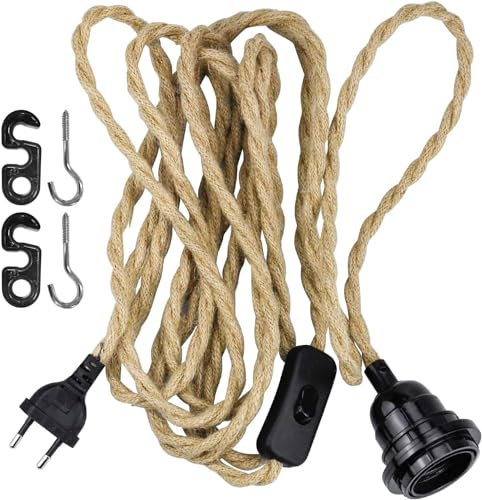 Wandefol Cable de Cáñamo para Lámpara, Cable de Cañamo para Lámpara de Techo, Cacable de Luz con Cuerda de Cáñamo 3.5M Tipo E26 250V 3A con Cable y Interruptor Color Marrón Natural