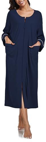 COLORFULLEAF Damen Bademantel mit Reissverschluss 100% Baumwolle Leicht Morgenmantel Hausmantel Damen Lang mit Taschen M-XXL(Marineblau,2XL)