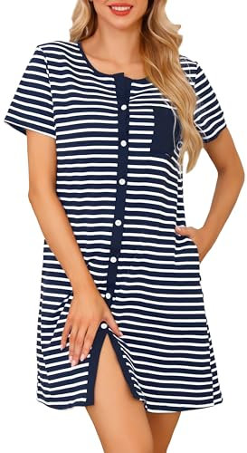 Lovasy Nightdresses for Women UK Cotton Nightdresses&Nightshirts Stripe Ladies Nighties Button Down Nigh Dress Short Sleeve Cotton Nighties Nightwear with Pockets,Navy Blue,L