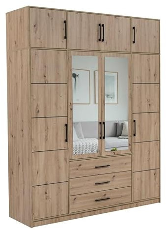 Generisch KOS D4 Kleiderschrank – Moderner Garderobenschrank mit Türen, Viel Stauraum und Kleiderstange für Schlafzimmer (Mit Aufsatz)