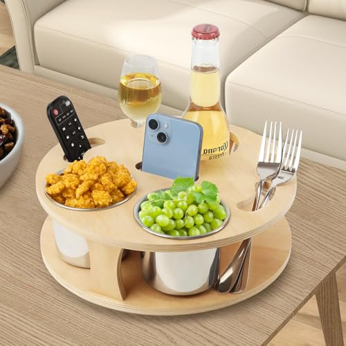 Danclit Couchbar, Sofatablett Sofa Snackspender Couchbar Snackbox mit 2 Edelstahl Snackschalen Snackspender als Geschenk für Familie Freunde(Round)