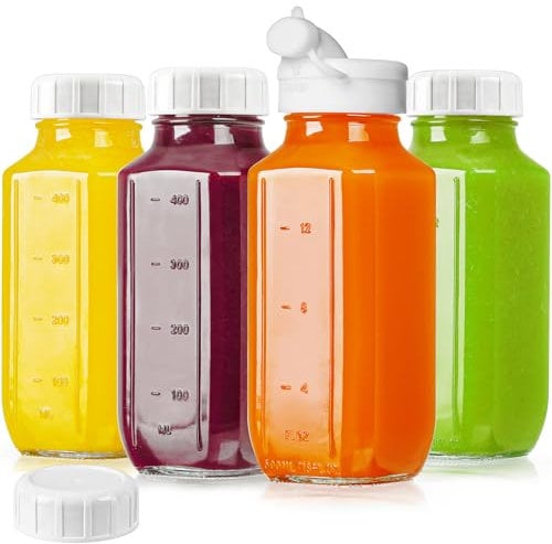 Absovetu 4 Pack Glass Juice Bottles with Lids Airtight 500ml/16oz - Reusable Milk Storage Bottles Milk Jug with Lid Breastmilk Storage Bottle with Pour Spout Square Glass Water Bottle