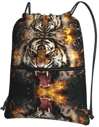 JEJEA Rucksack mit Kordelzug und Tasche mit Reißverschluss, Motiv: Roaring Tiger, Schwimmen, Fitnessstudio, Reisetasche für Männer und Frauen, Schwarz , One size