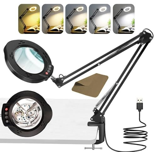 Kevsuvqin Lupe mit Licht und Ständer, 10X LED Lupenleuchte mit Klemme, LED Lupenlampe mit 5 Farbmodi Dimmbare, Lampe mit Lupe für handwerkliche Reparaturen & Nahaufnahmen, Tischlupe mit Beleuchtung