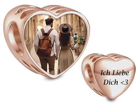 NINGAN 925 Sterling Silber Personalisierte Charme, HerzföRmige, Quadratische Charme, Personalisierte Foto Benutzerdefinierte AnhäNger, FüR Frauen ArmbäNder(Rose Gold Liebe)