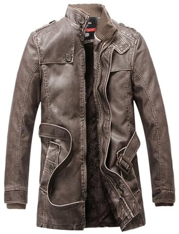 MEIbax Veste en Cuir Homme Hiver Mi-Long Épais Chaud Manteaux Décontracté Fashion Trench-Coat avec Fermeture Éclair Classique Slim Pardessus Extérieur Coupe Vent Outerwear (Coffee, L)