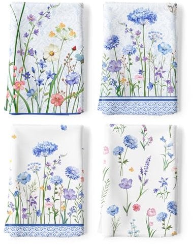 Arquiel 4Pcs Blue Wildflower Kitchen Tea Towels 100% Cotton Butterfly Flower Hand Towels Multiple Uses Quick Dry Dish Cloth for Table, Kitchen Decor, Housewarming Gifts