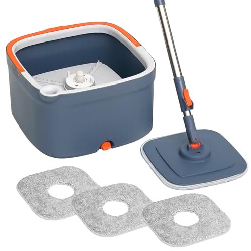 Square Spin Mop and Bucket Set with Self Separation Dirty and Clean Water System, Self Cleaning with 3 Machine Washable Mop Pads, for Hardwood Tile Marble Floors (Grey 3 Mop Pads)