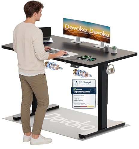 Devoko Höhenverstellbarer Schreibtisch mit 2 Motoren,25mm Einteilige Tischplatte, 140x70 cm Elektrisch Computertisch mit Kabel Management, Schwarz - Perfekte Ergonomie für Dein Büro