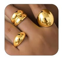GlamRays 3 Stück Chunky Gold ringe für Frauen Einstellbare Rundkuppel-Ring-Set Offene Kühne Dicke Ringe Silberringe Minimalistische Feste Ringband Stapelbares Statement Schmuck