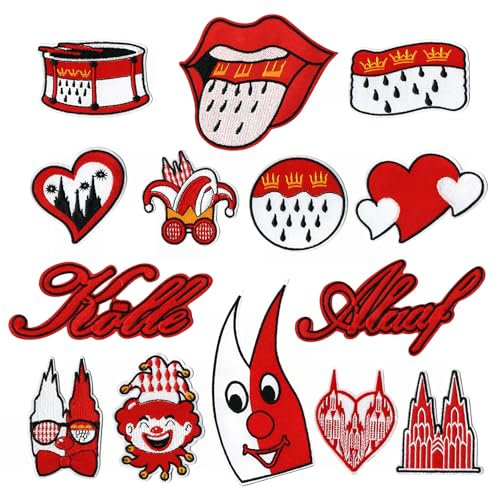 CGVG 14 Pcs Bügelbilder Köln Karneval Rot Weiß Kölner Patches zum Bügeln oder Aufnähen Köln Applikation Aufnäher DIY Bügelflicken für Kleidung Tasche Jeans Karneval Accessoires Dekoration
