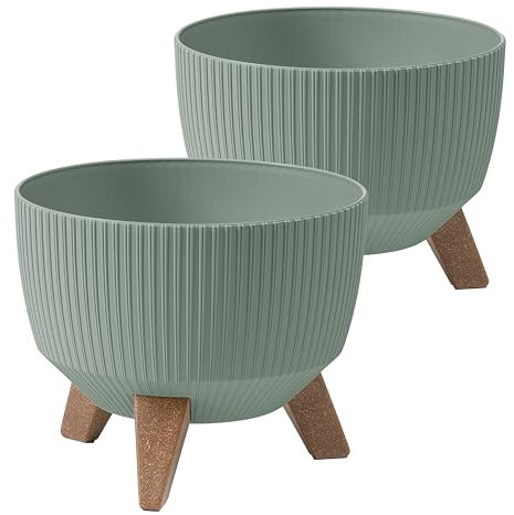 Tymar Macetero con patas, macetas para exteriores, maceta grande, macetero, macetero, macetero, macetero redondo (2 unidades), color gris y verde, diámetro de 24 cm