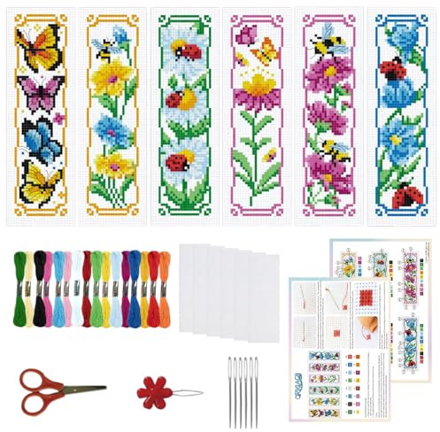 ORIGACH 6 Stück Lesezeichen Kreuzstich Kits, Blumen Und Schmetterlinge Anfänger Kreuzstich Set Mit Anleitung Vorgedruckt Lesezeichen Kreuzstich Set für Erwachsene, 20x6 cm
