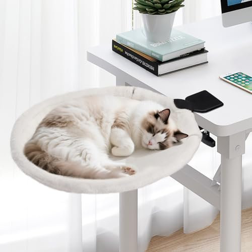 Uross Katzenbett für Schreibtisch - 360° drehbar & höhenverstellbar, weiches Katzenhängematte mit 2 waschbaren Bezügen Katzenschlafplatz für Homeoffice - Ganzjahresnutzung (Beige)