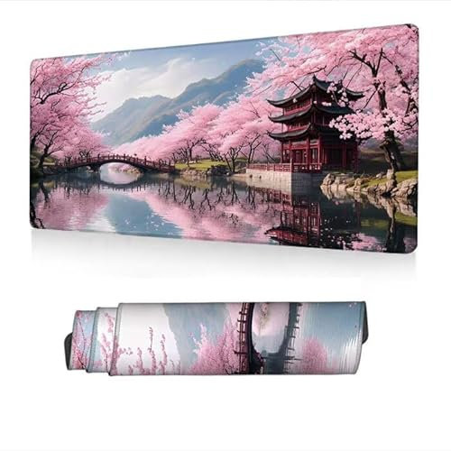 Grand Tapis de Souris Gamer 700x300x3mm, Tapis de Bureau Fleurs Cerisier Mouse Pad Pont Mousepad Imperméable, Base Antidérapante, Bords Cousus, Haute Précision et Vitesse, Accessoire Gaming S1-469