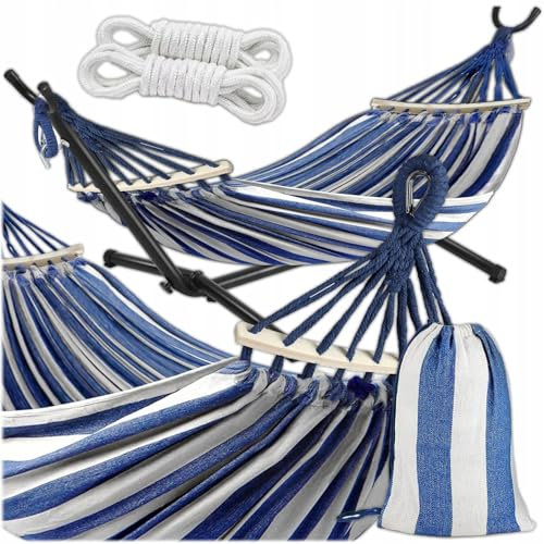 KRUMAD Hängematte mit Gestell 260x150 cm, Belastbarkeit 250kg, 2 Personen, Wetterfest, Gartenmöbel, Balkonmöbel, Schaukelstuhl, Outdoor, Terrassenmöbel, mit Aufbewahrungstasche (Blau-Weiß)