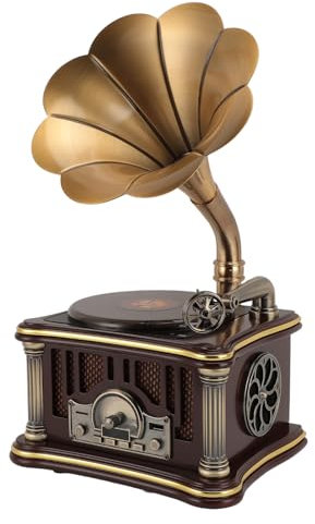 Lecteur CD Rétro de Forme Gramophone Vintage, Haut-Parleur Vintage avec Bluetooth, USB, AUX, Radio FM et Haut-parleurs Intégrés (Brown)