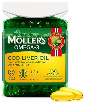 Möller’s ® | Capsule di olio di fegato di merluzzo | Acidi grassi Omega 3 DHA & EPA, vitamine A, D &E, supporta sistema immunitario, la funzione cardiaca, la funzione cerebrale e la vista | 160 pezzi