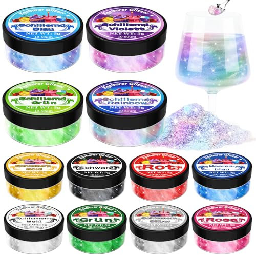 Essbarer Glitzer Set - 12 x 5g Vegan Glitzer für Getränke Lebensmittelfarbe Pulver, Geruchloser Leuchtend Bunter Glitzer Getränk Pulver für Schokolade, Cocktail, Erdbeeren, Kuchen, Erdbeeren