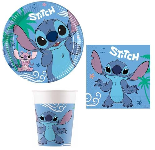 Kit coordinato STITCH - animaletto blu - Lilo & Stitch - 8 OSPITI - addobbo decoro tavola torta - per feste party di compleanno - Piatti, Bicchieri e Tovaglioli e tovaglia