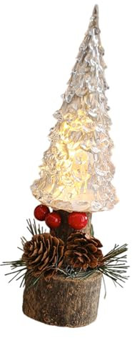 Albero di Natale da tavolo illuminato a LED, statuetta in miniatura con base in legno di pigna, decorazione fatta a mano, ornamento per albero di Natale con luce a LED