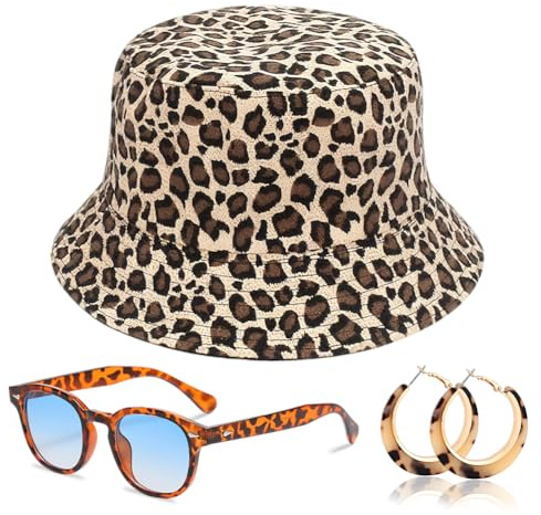 GlibberToy 3-teiliges Leopardenmuster Accessoire Set für Damen–WendebucketHat mit UV-Schutz,RetroSonnenbrille&Ohrringe–Y2KFestivalOutfit, Strandurlaub&90erParty