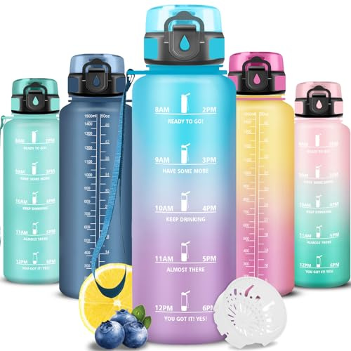 Trinkflasche 1.5l, Wasserflasche Sport, Trinkflasche Auslaufsicher, mit Filter und Zeitmarkierung, Wasserflasche Kohlensäure Geeignet, Leicht zu Reinigen, für Fitness, Fahhrad, Schule, Büro, Camping