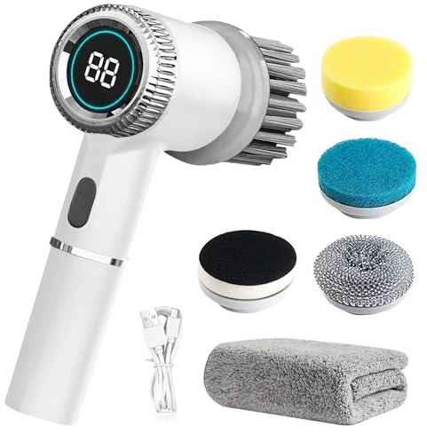 Elektrische Reinigungsbürste - Electric Spin Scrubber mit 5 Bürstenköpfe, Spin Power Scrubber, Electric Cleaning Brush mit Led Anzeige, Handheld Cleaning Brush für Badezimmer, Küche, Waschbecken
